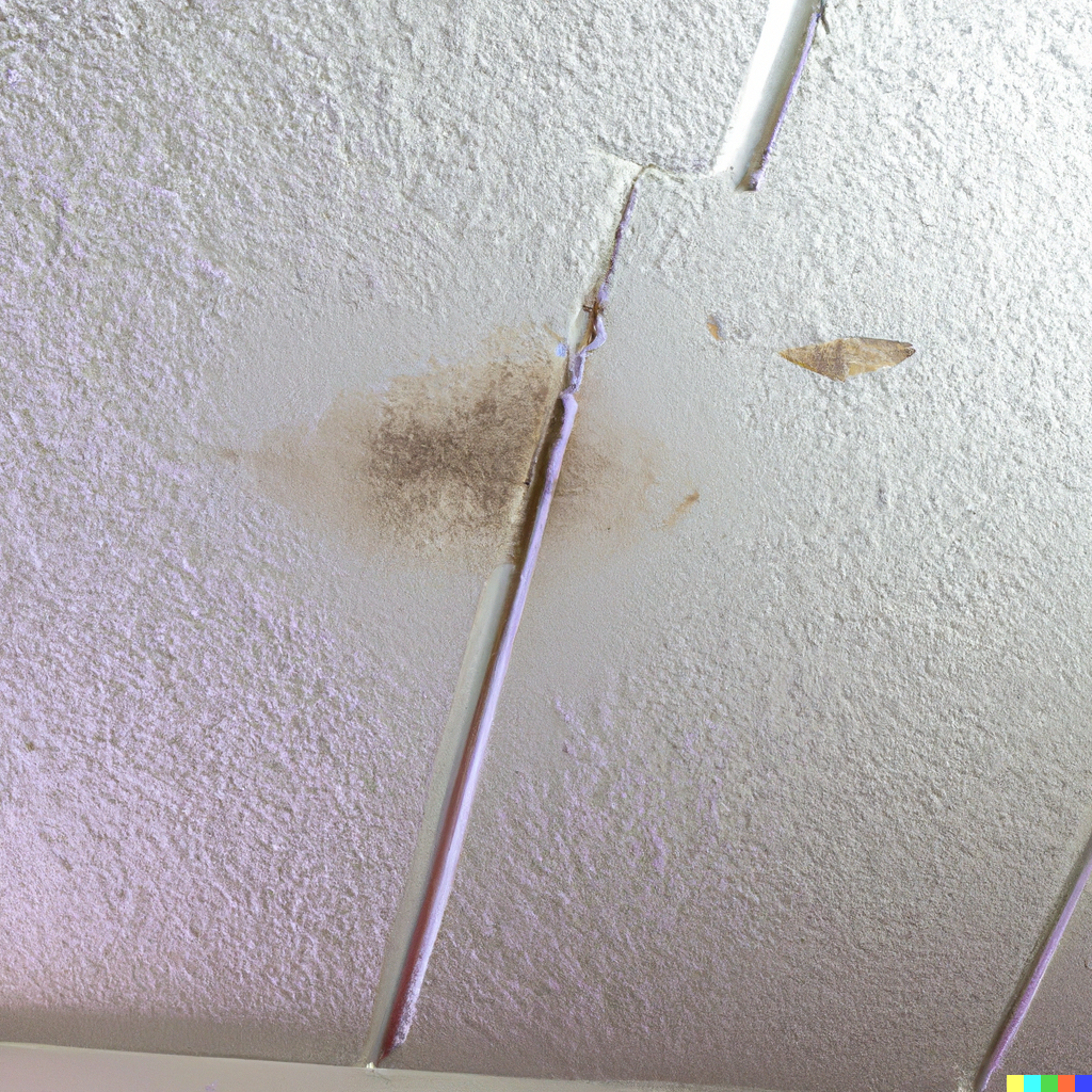 A drywall ceiling that shows signs of a leaking roof with some stains or discoloration